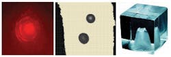 FIGURE 1. Nonelectronic methods for viewing laser-beam profiles include viewing a reflected spot from a wall (left), viewing the burn pattern from thermal paper (center), and viewing the burn pattern in an acrylic block (right).