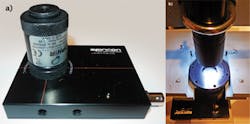 FIGURE 1. A USB camera with a 4X expanding lens (a) is used along with a fixturing assembly (b) to measure the size and shape of holes in a molded device. The fixturing assembly has a vertical light source that illuminates the device being inspected; the USB camera and expansion lens are beneath the device. The holes have a diameter and depth