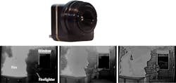 FIGURE 1. DRS’s Image Contrast Enhancement (ICE) algorithm, available on the company’s Tenum 640 (top) and other of its cameras, is based upon the company’s patented Enhanced Multiresolution Local Area Processing (emLAP); DRS says that emLAP stably preserves the maximum visual content throughout the spectrum of the original sensor output with a user-definable degree of detail enhancement (lower images). EmLAP maps wide-dynamic-range sensor data into a clear lower-dynamic-range image sequence with smooth and stable transitions, including between dramatically different scene dynamics and temperature extremes. Notice that in the typical image at left, the firefighter is almost invisible. More details are visible in the low mode at center. In the highly enhanced image at right, many more details are visible, including a building that can be seen through the open window.