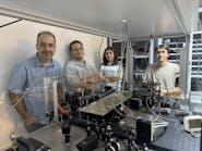 In the lab (left to right) with their setup: Professor Onur Tokel, Alperen Saltik, Rana Asgari Sabet, and Mehmet Bütün.