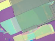 Two thin flakes of niobium oxide dichloride stacked on each other and photographed under a light microscope. One flake’s crystalline grain (gray flake) is positioned perpendicularly to the grain of the other flake (green flake).