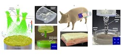 FIGURE 2. Applications of HDSP: Illustration of simultaneous multiplane printing (a), with instant printed points on a multilevel platform (b); remote printing using HDSP in an optically opaque resin (c); the concept of in-body printing (d); and an ex vivo printed part over porcine tissue as a medium barrier (e).