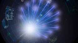 NIF’s high-energy laser beams converge on a target at the center of the target chamber.